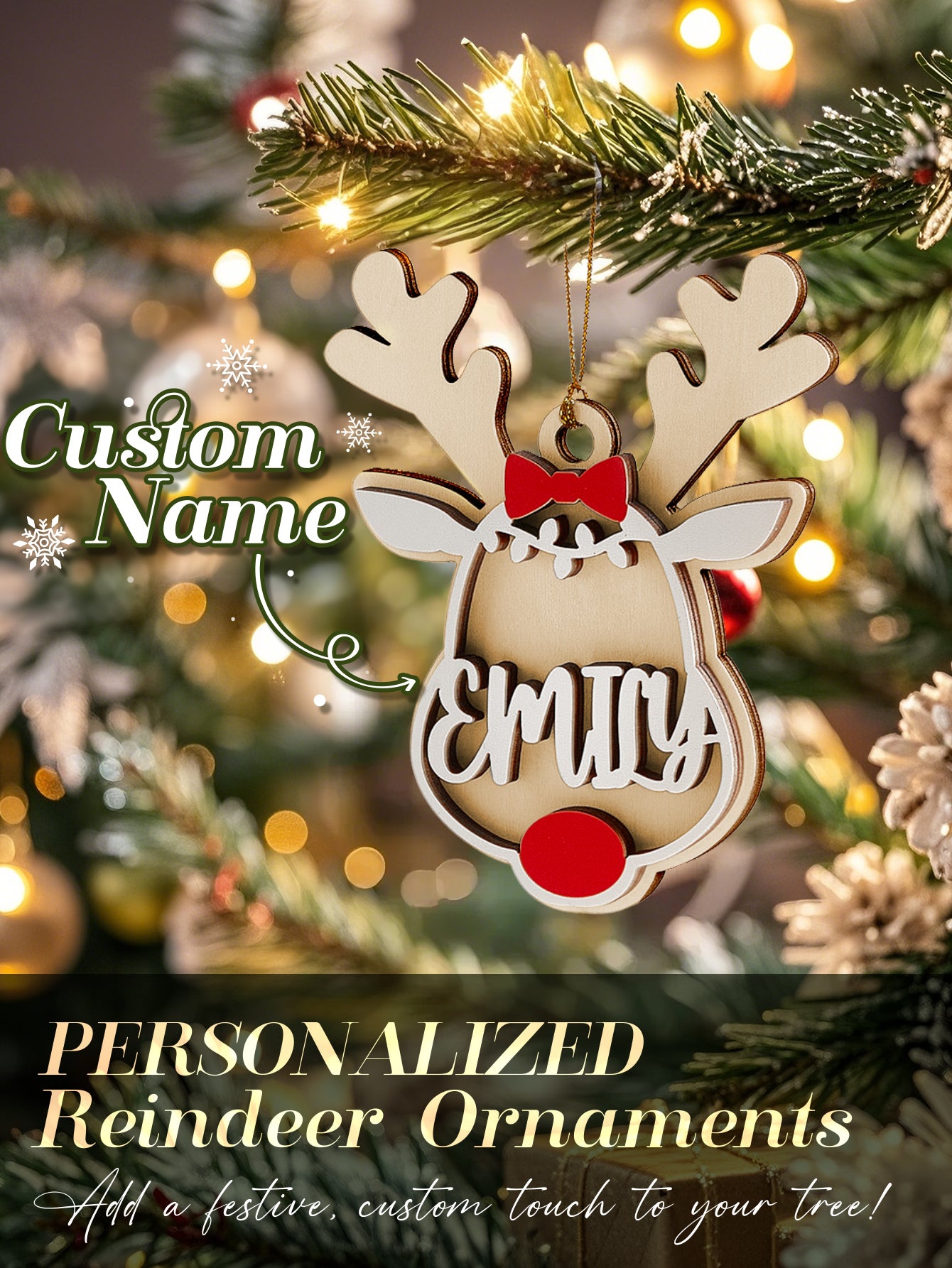 Personalized Reindeer Ornament – Custom Name Christmas Tree Decoration