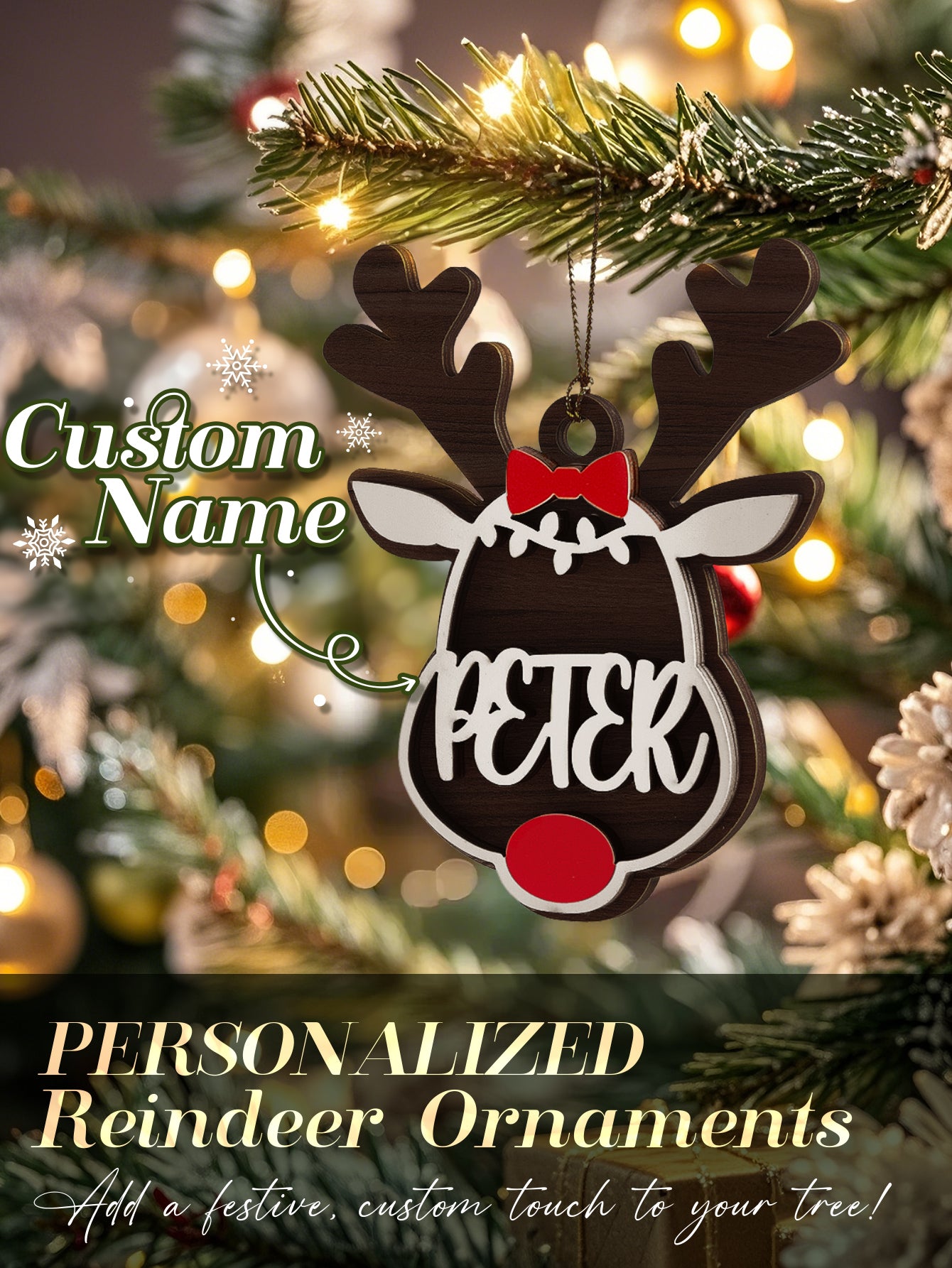 Personalized Reindeer Ornament – Custom Name Christmas Tree Decoration