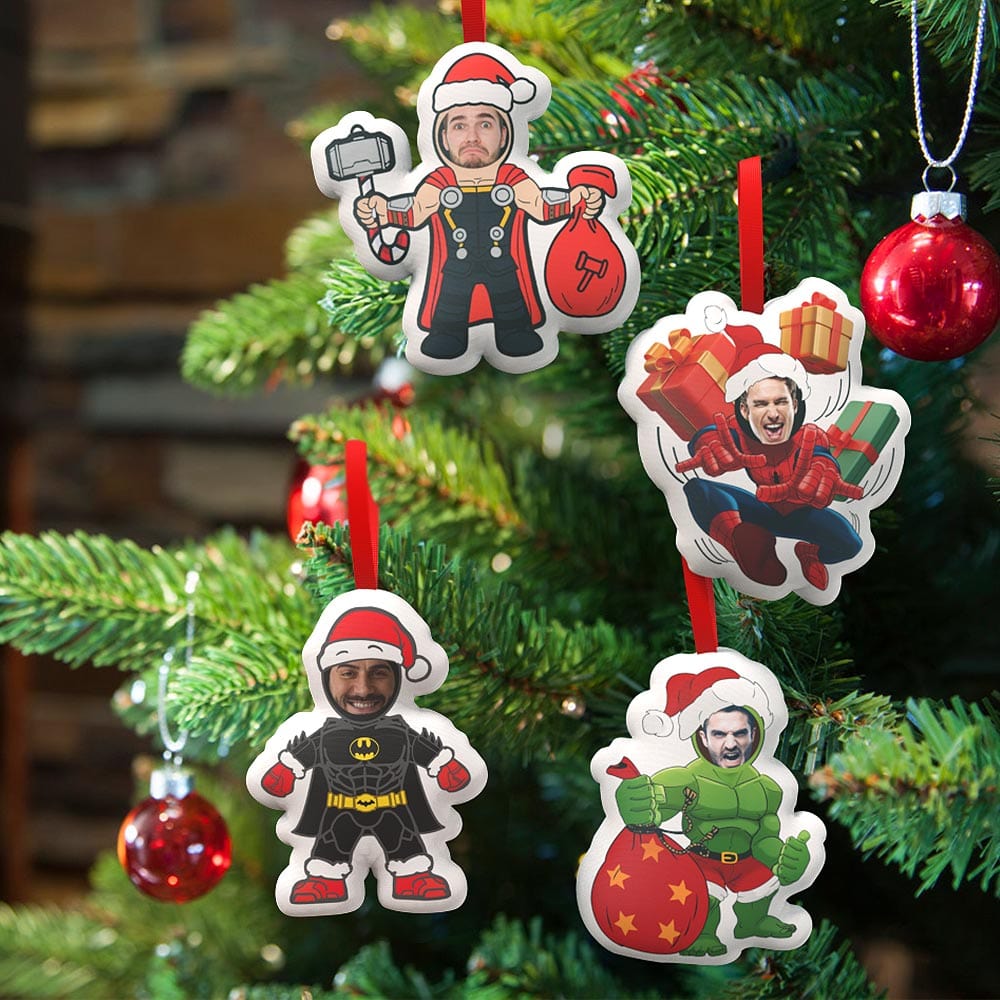 Personalized Superhero Christmas Decor Set – Custom Face Plush Ornaments