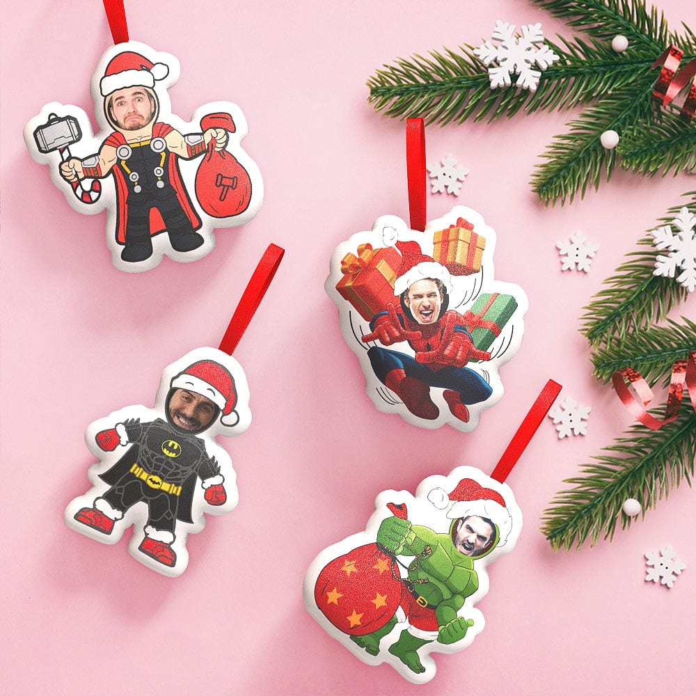 Personalized Superhero Christmas Decor Set – Custom Face Plush Ornaments