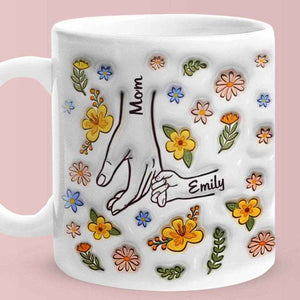 Personalized Hand-in-Hand Mug – Engraved Names Floral Mum & Kids Mug - Customise Now