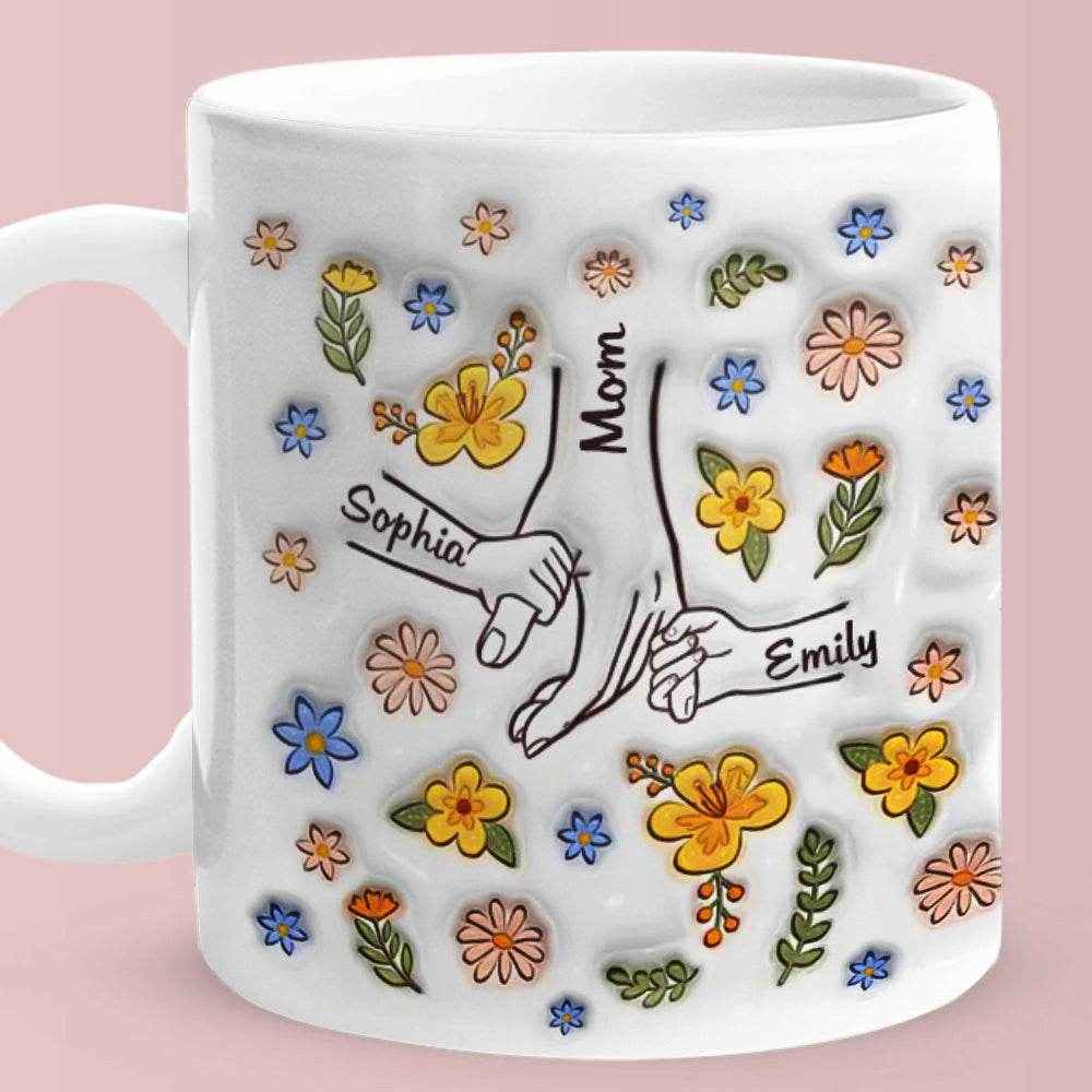 Personalized Hand-in-Hand Mug – Engraved Names Floral Mum & Kids Mug - Customise Now