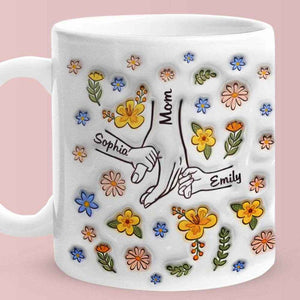 Personalized Hand-in-Hand Mug – Engraved Names Floral Mum & Kids Mug - Customise Now