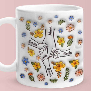 Personalized Hand-in-Hand Mug – Engraved Names Floral Mum & Kids Mug - Customise Now