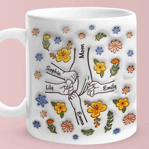 Personalized Hand-in-Hand Mug – Engraved Names Floral Mum & Kids Mug - Customise Now