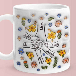 Personalized Hand-in-Hand Mug – Engraved Names Floral Mum & Kids Mug - Customise Now