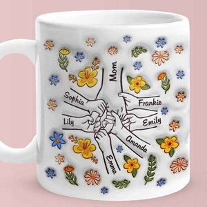 Personalized Hand-in-Hand Mug – Engraved Names Floral Mum & Kids Mug - Customise Now
