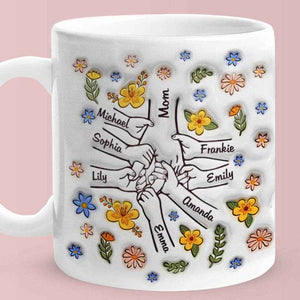Personalized Hand-in-Hand Mug – Engraved Names Floral Mum & Kids Mug - Customise Now