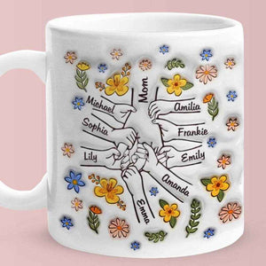 Personalized Hand-in-Hand Mug – Engraved Names Floral Mum & Kids Mug - Customise Now
