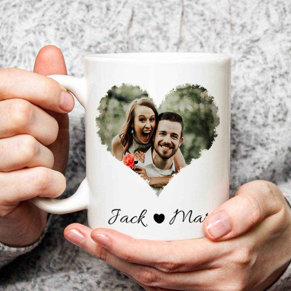 Personalized Couple Heart Photo Mug – Custom Names & Photo Gift for Couples - Customise Now