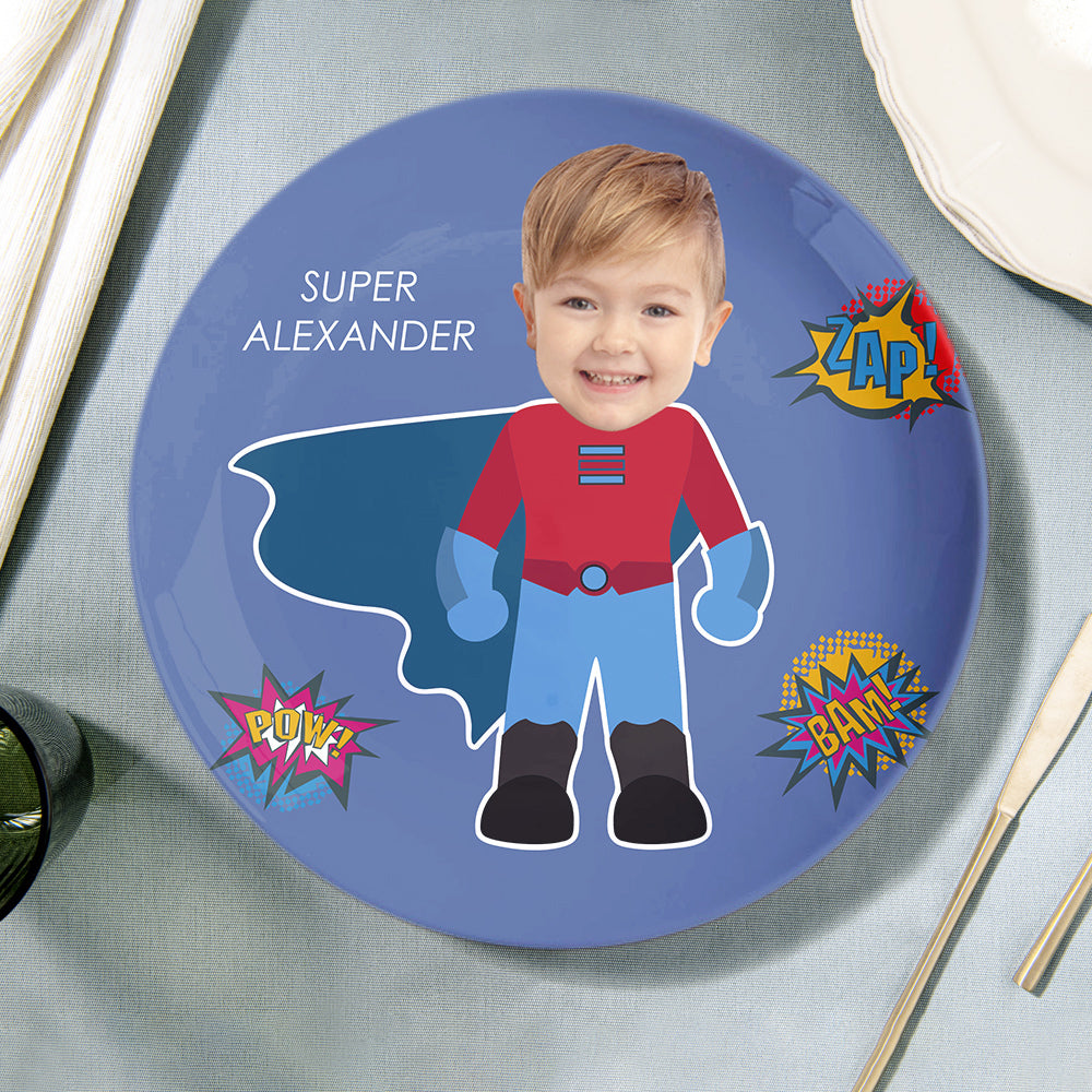 Personalized Text & Face Superman Ceramic Dinner Plate – Custom Superhero Keepsake