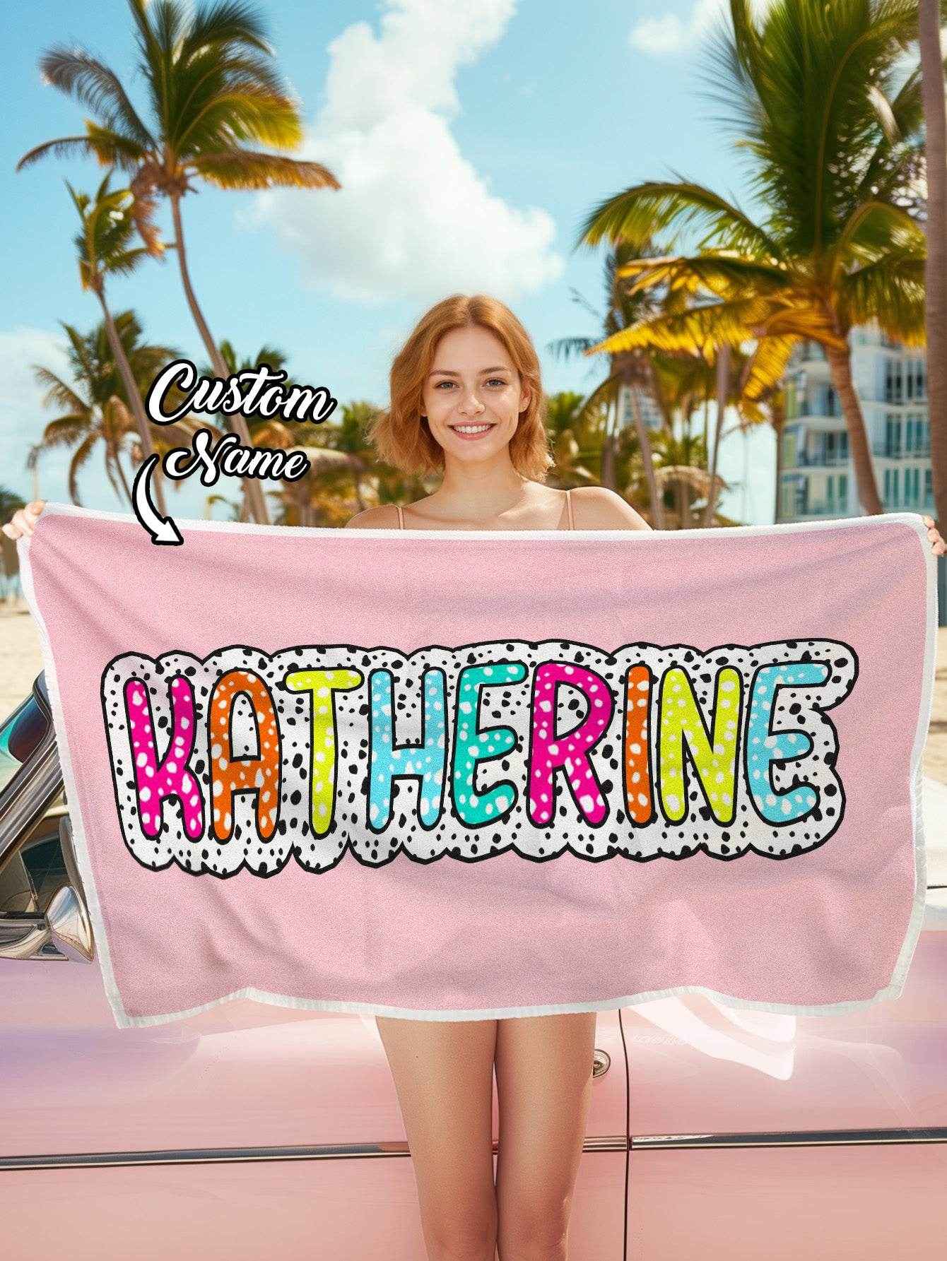 Personalized Dalmatian Dots Beach Towel with Rainbow Name - Customise Now