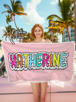 Personalized Dalmatian Dots Beach Towel with Rainbow Name - Customise Now