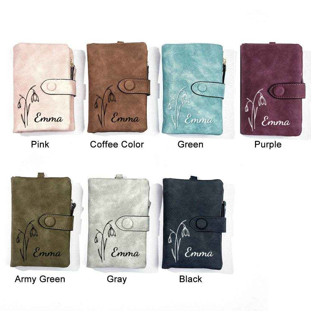 Outline Birth Flower Purse – Personalized Name Engraved Wallet - Customise Now