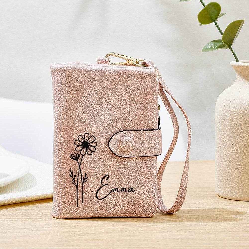 Outline Birth Flower Purse – Personalized Name Engraved Wallet - Customise Now