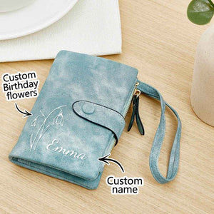 Outline Birth Flower Purse – Personalized Name Engraved Wallet - Customise Now