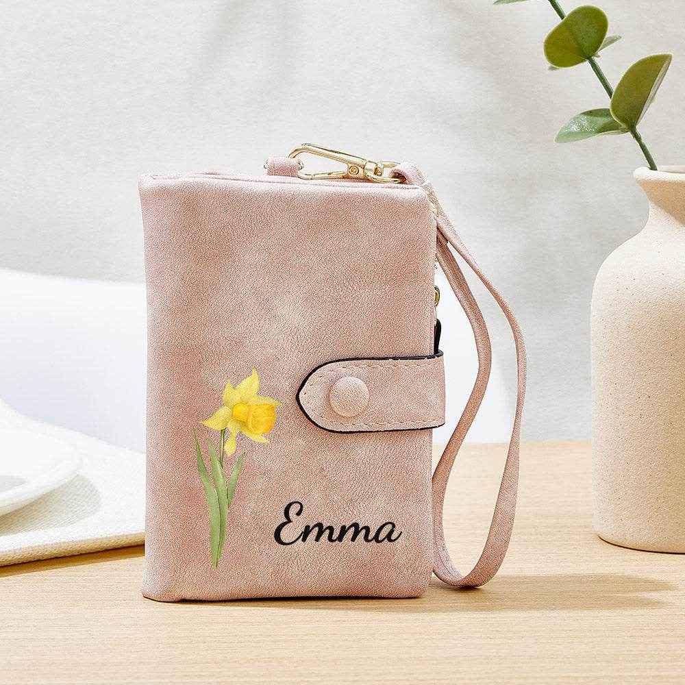 Colorful Birth Flower Purse – Personalized Name Engraved Wallet - Customise Now
