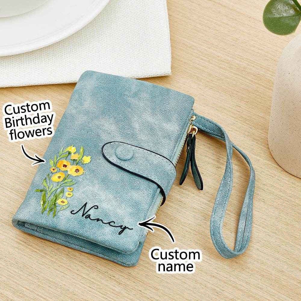 Colorful Birth Flower Purse – Personalized Name Engraved Wallet - Customise Now
