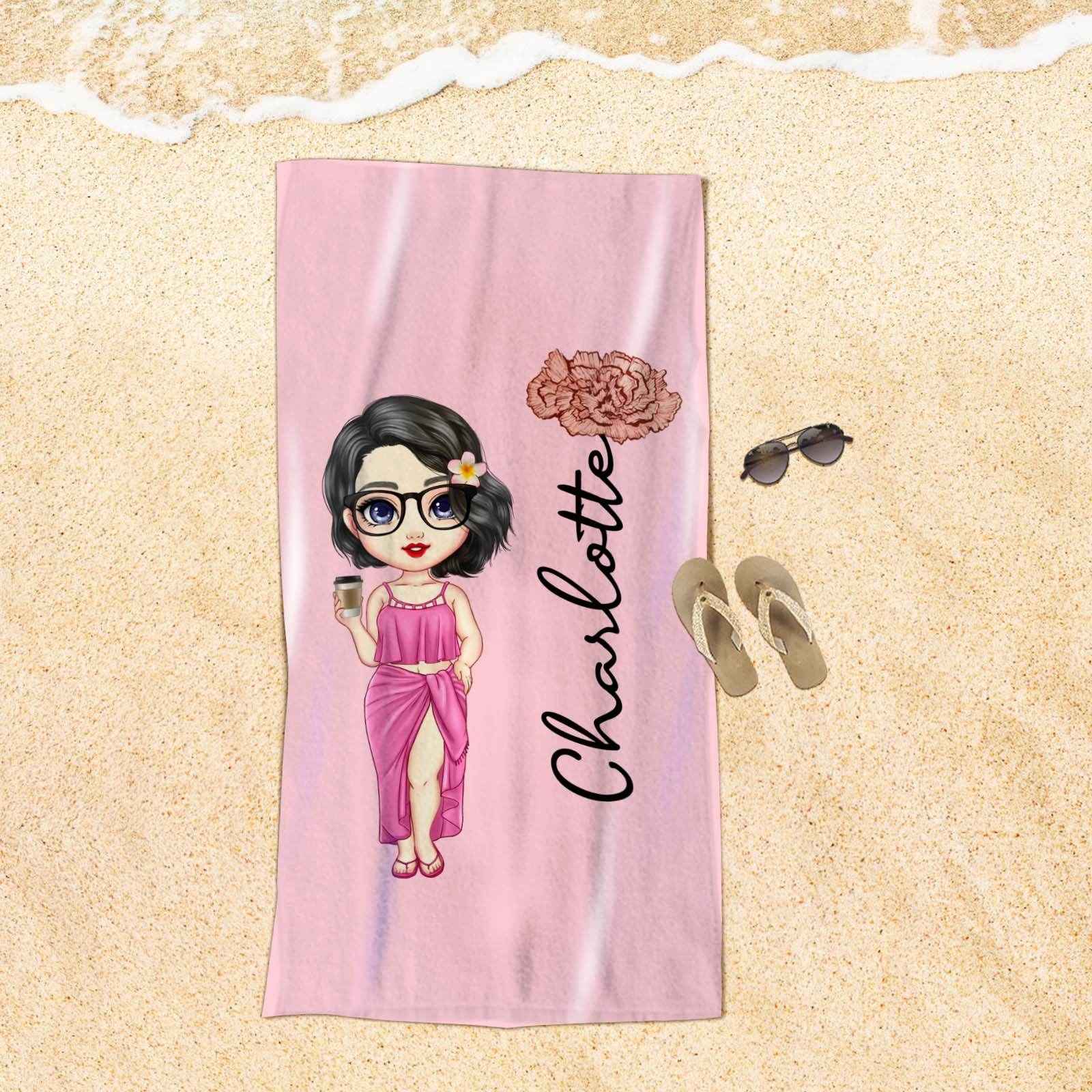 Custom Cartoon Girl Birth Flower Beach Towel – Personalized Multicolor Name Towel for Women & Girls - Customise Now