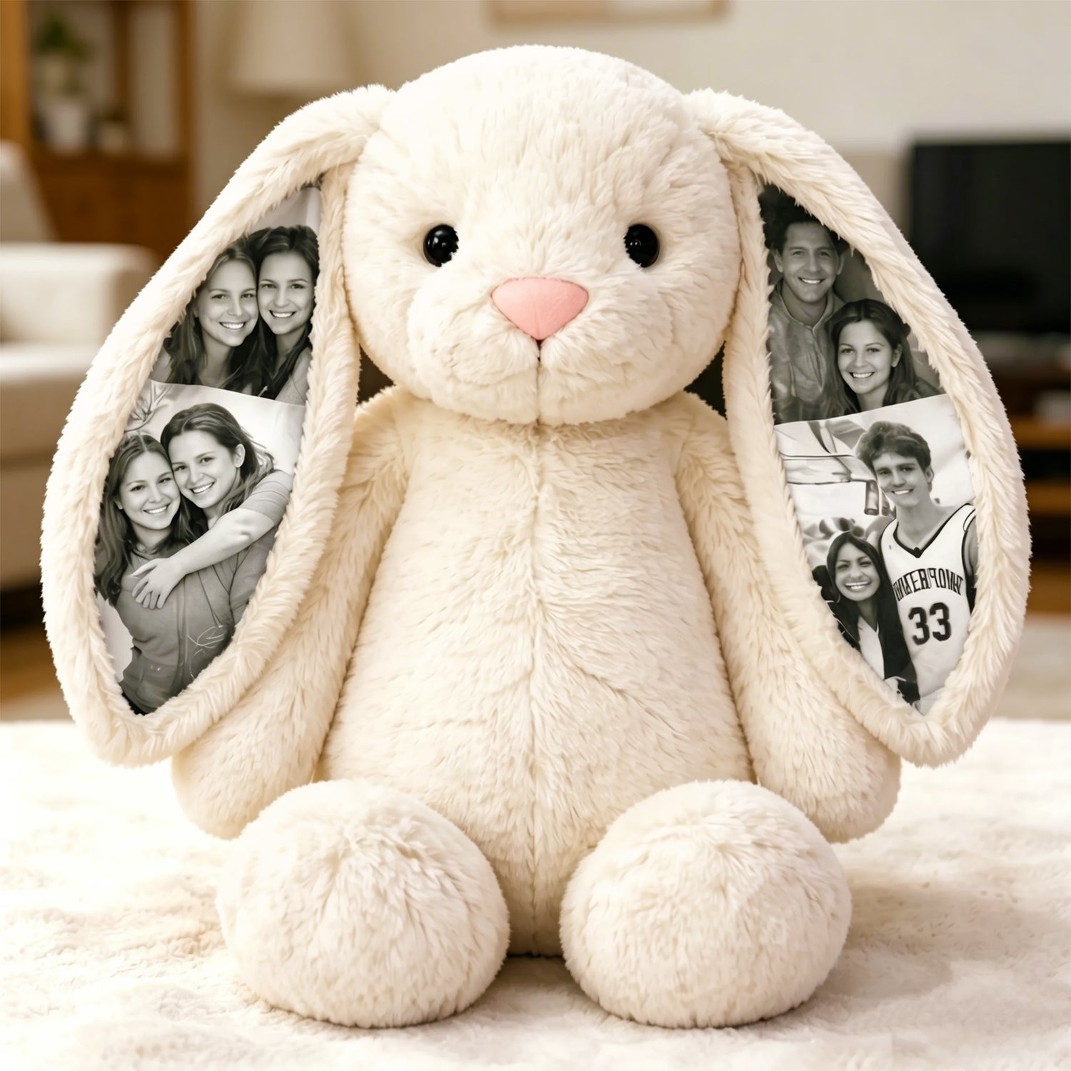 Custom Photo Bunny Plush – Personalized Hidden Ear Picture Bunny Gift for Couples Anniversary Mother's Day Gifts