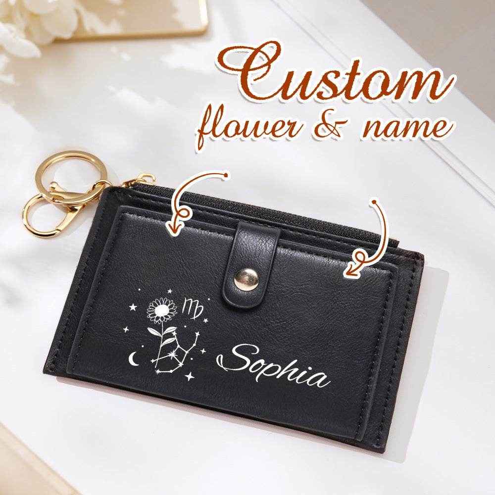Zodiac Birth Flower Purse – Custom Name Engraved PU Leather Wallet - Customise Now