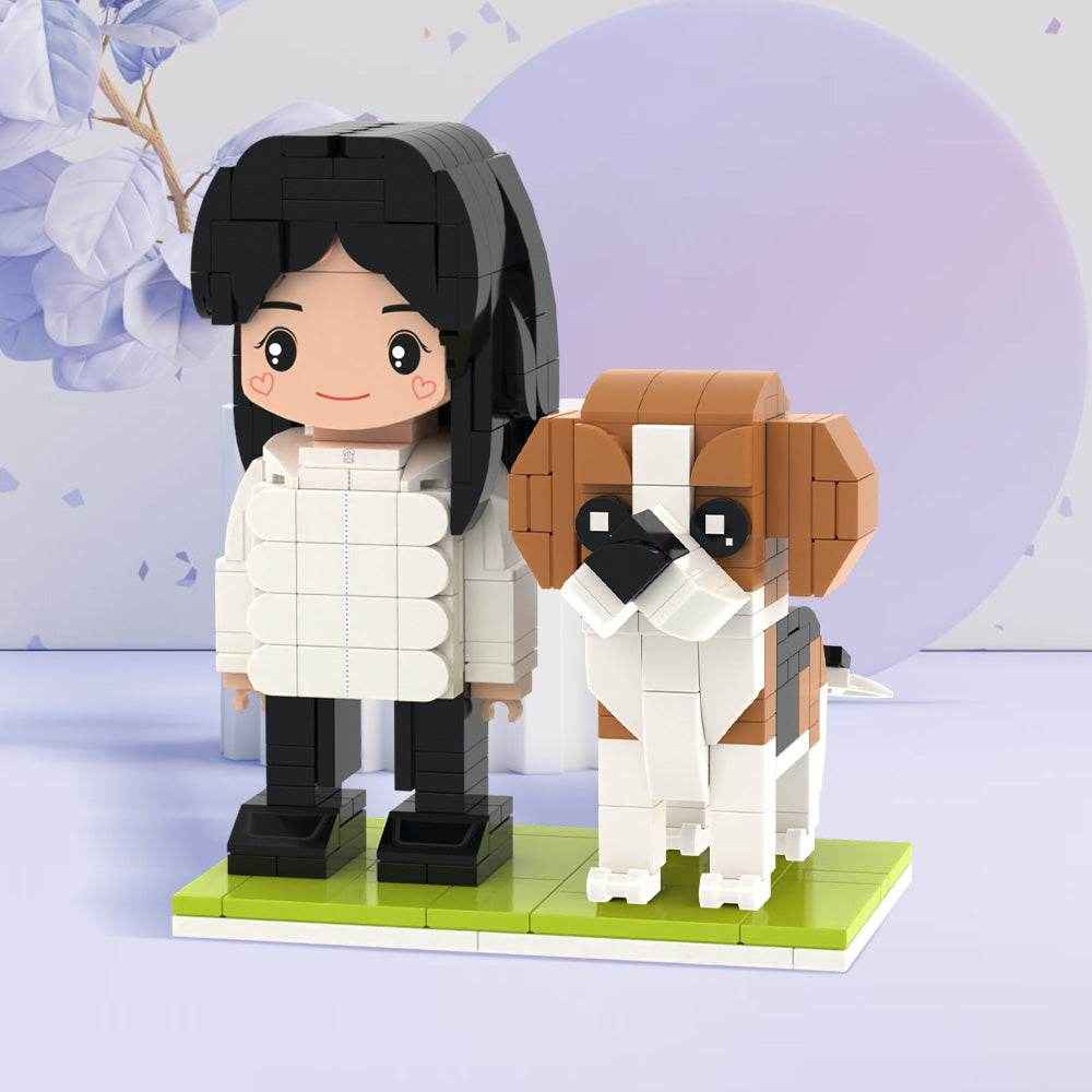 Full Body Customizable Cute Brick Figure with Dog – Round Face Style - Customise Now