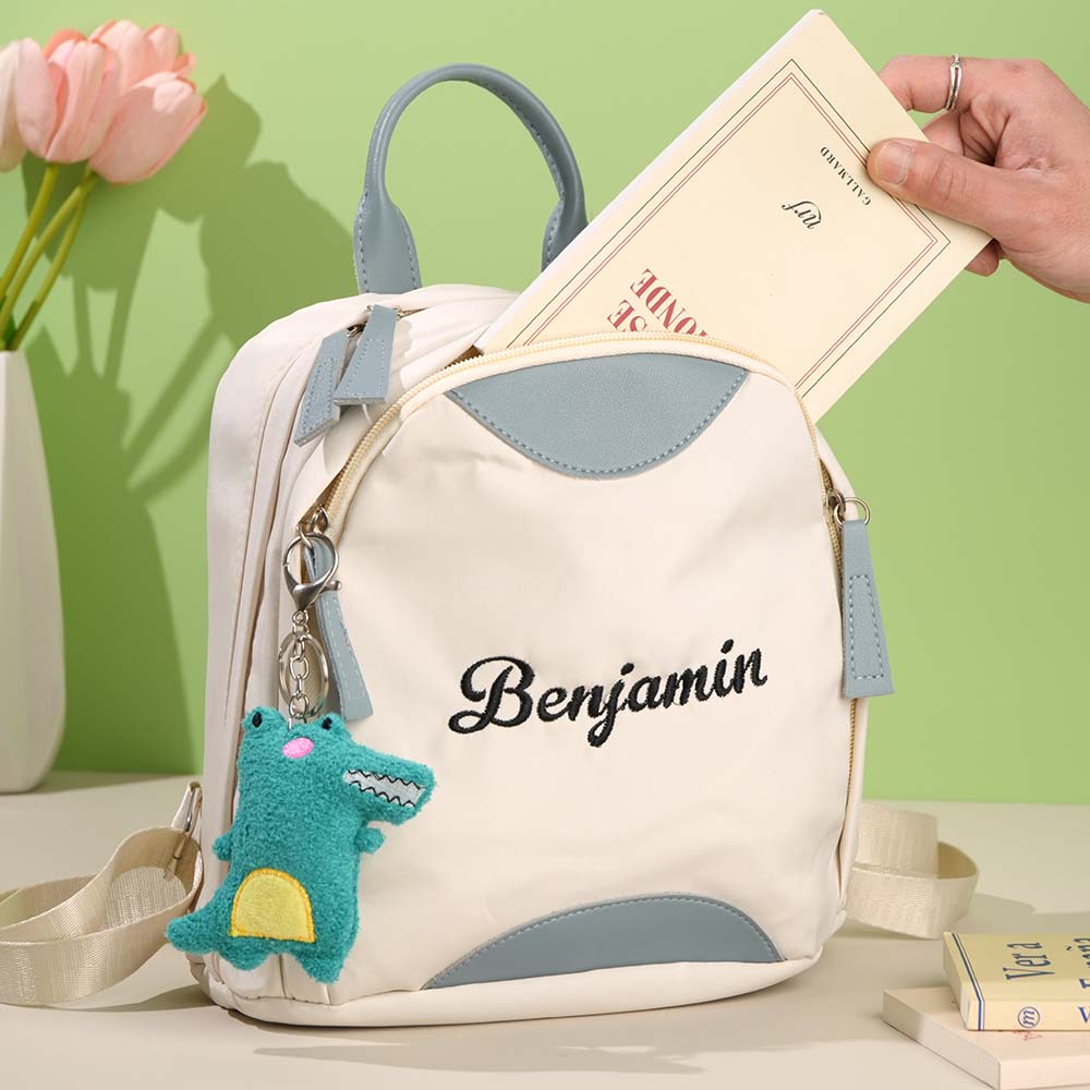 Personalized Name Embroidery Mini Backpack – Custom Kids’ Bag with Dinosaur Keychain