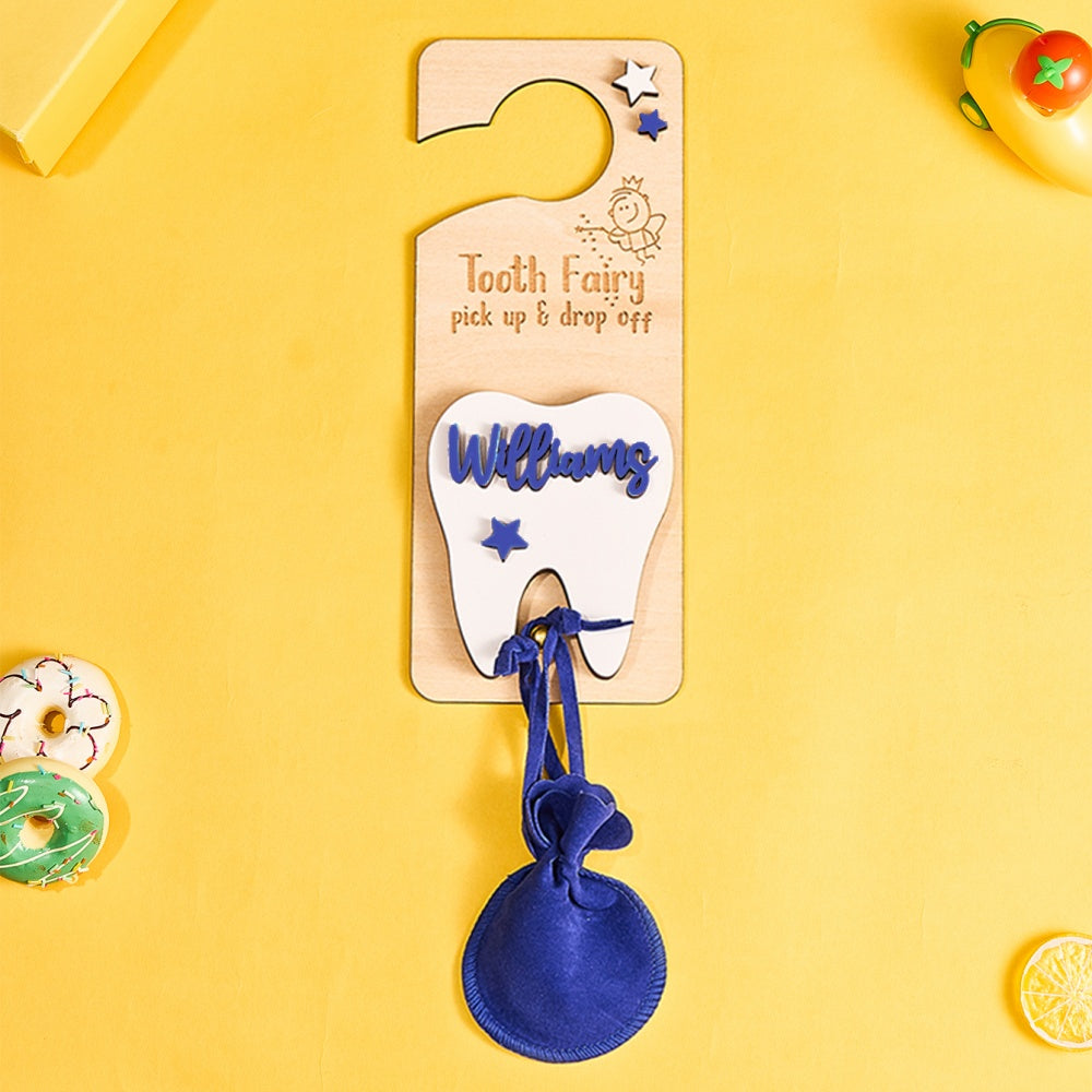 Personalized Tooth Fairy Door Hanger – Custom Wooden Keepsake with Pouch