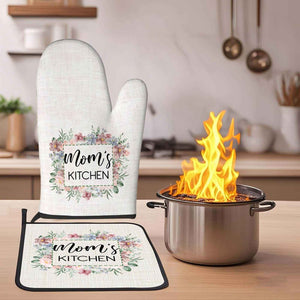 Personalized Floral Oven Mitt & Pot Holder Set – Custom Kitchen Gift with Name or Text - Customise Now