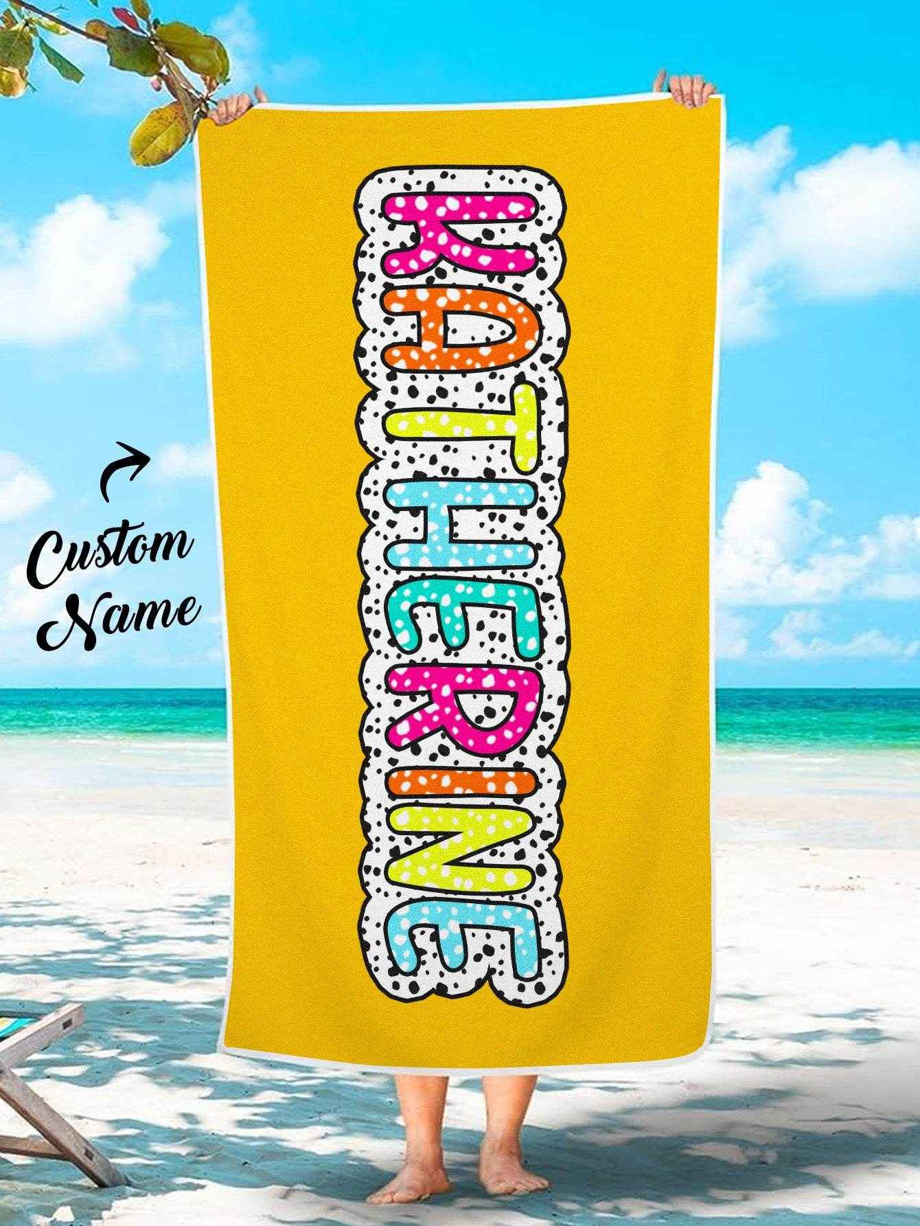 Personalized Dalmatian Dots Beach Towel with Rainbow Name - Customise Now
