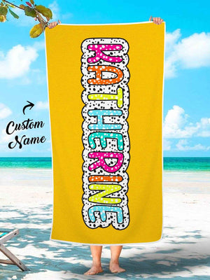 Personalized Dalmatian Dots Beach Towel with Rainbow Name - Customise Now