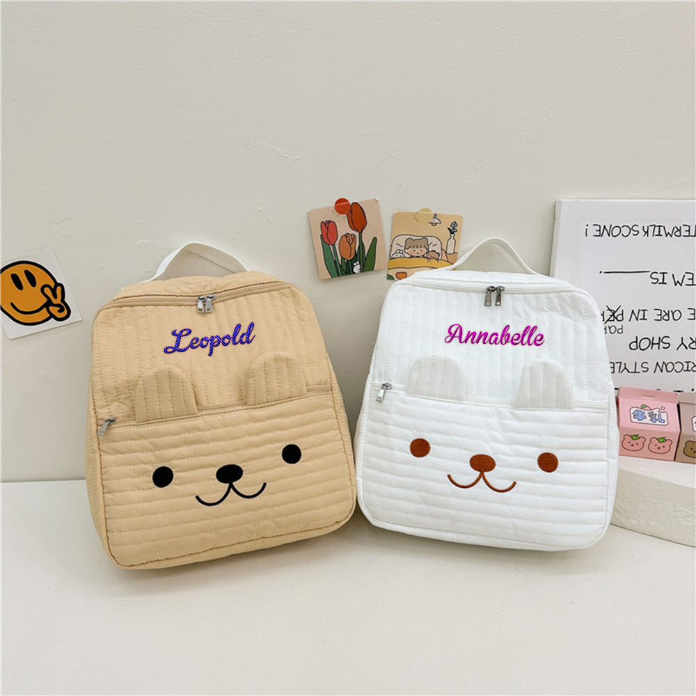 Personalized Name Embroidery Backpack – Cute Quilted Animal Face Design for Kids