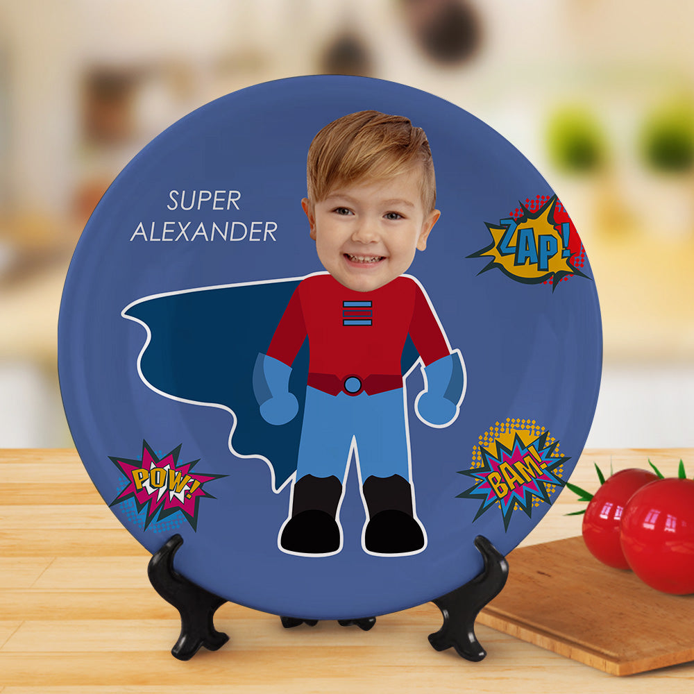Personalized Text & Face Superman Ceramic Dinner Plate – Custom Superhero Keepsake