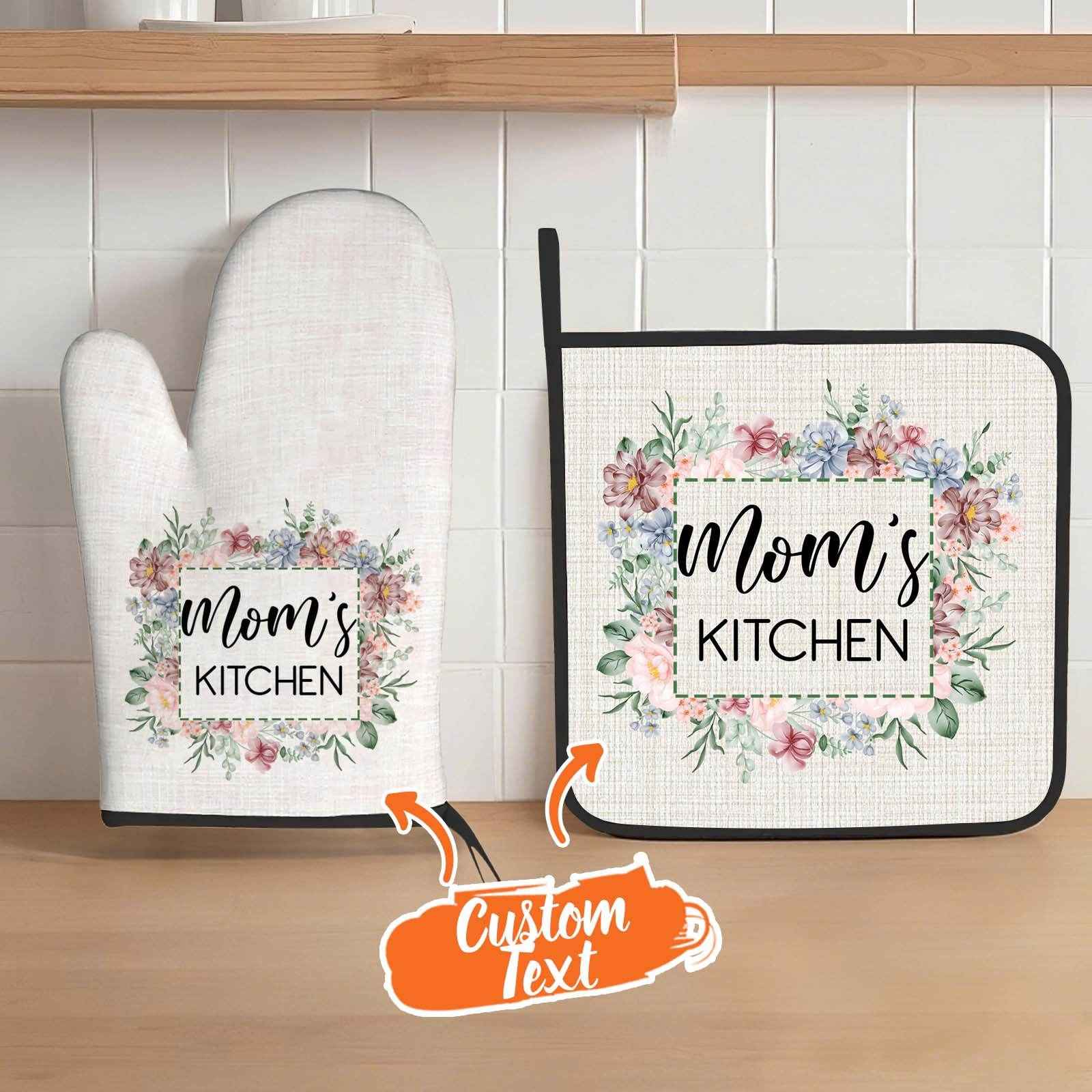 Personalized Floral Oven Mitt & Pot Holder Set – Custom Kitchen Gift with Name or Text - Customise Now