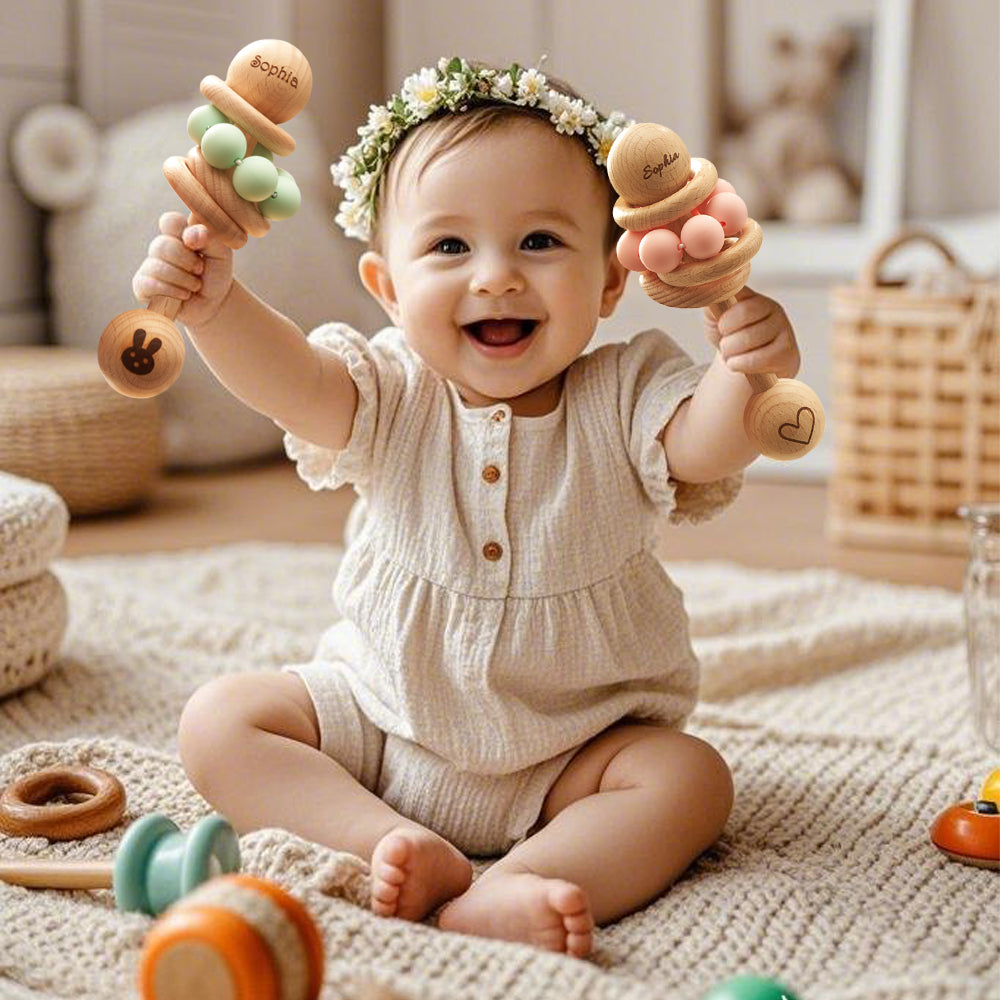 Personalized Wooden Baby Rattle with Engraved Name – Custom Baby Shower & Birthday Gift