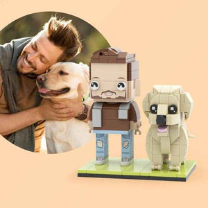 Full Body Customizable Cute Brick Figure with Dog – Square Face Style (1 Person) - Customise Now