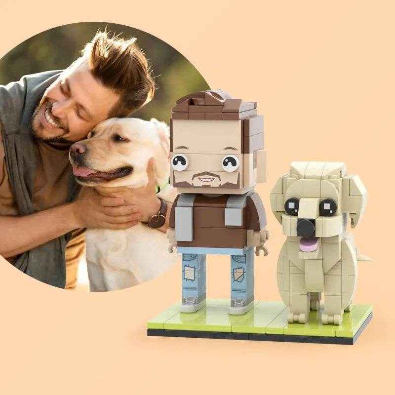 Full Body Customizable Cute Brick Figure with Dog – Square Face Style (1 Person) - Customise Now