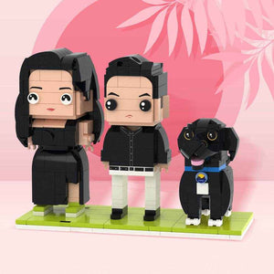Full Body Customizable Cute Brick Figures with Dog – Square Face Style (2 People) - Customise Now