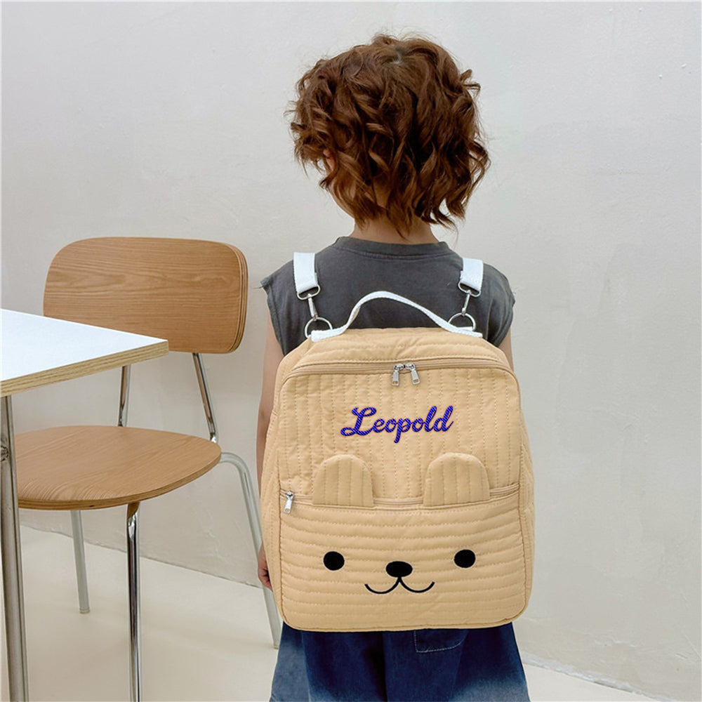 Personalized Name Embroidery Backpack – Cute Quilted Animal Face Design for Kids