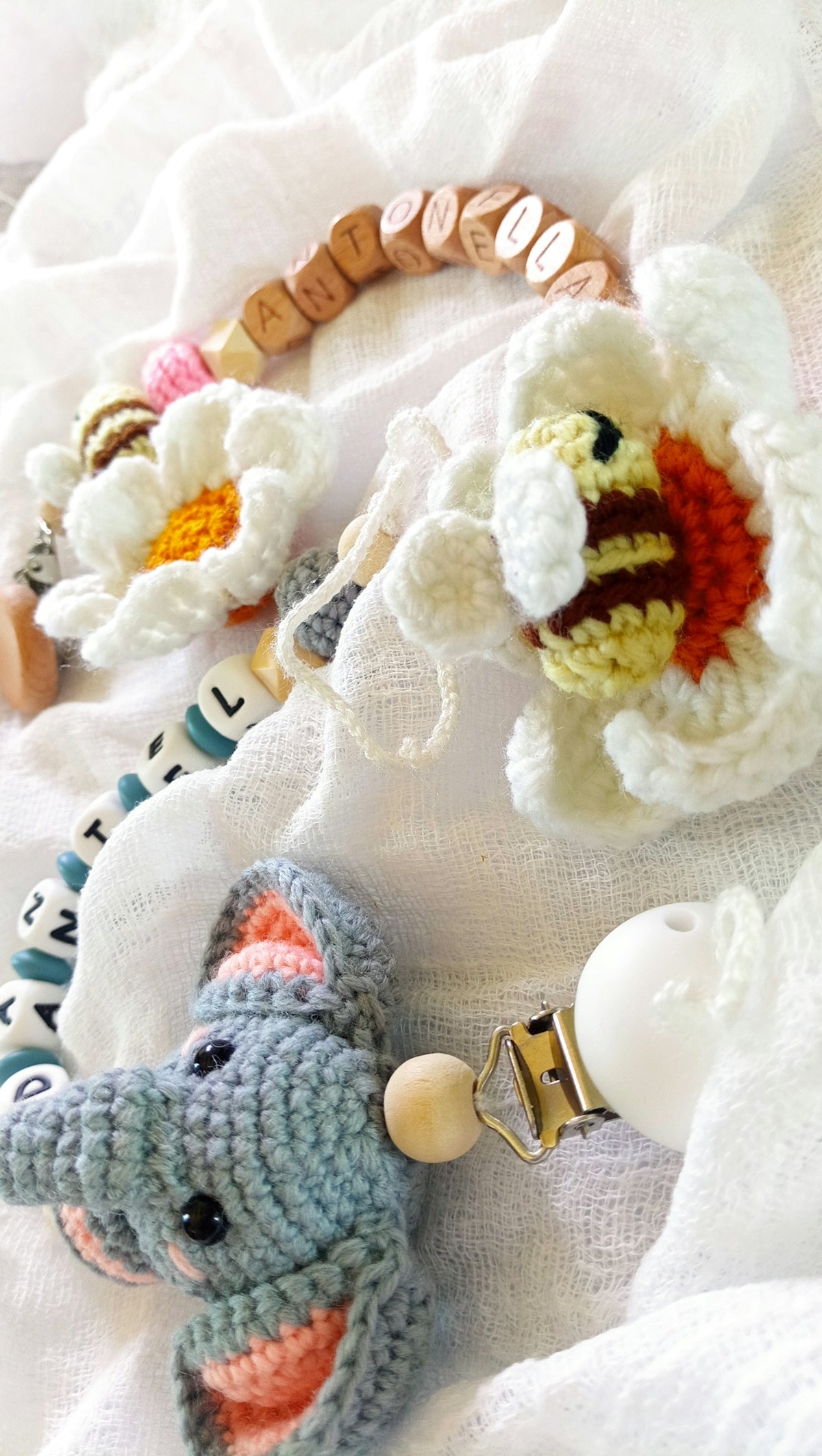 Crocheted elephant pacifier clip with antioch name beads