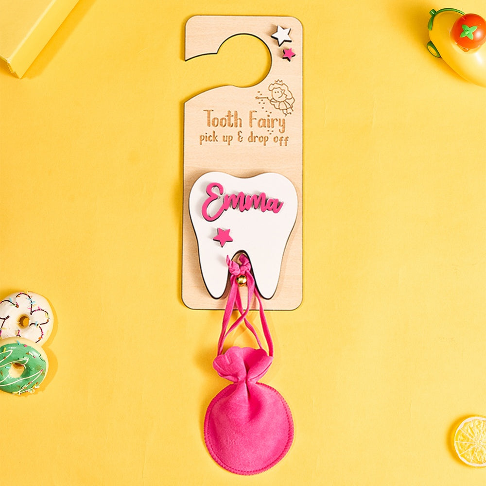 Personalized Tooth Fairy Door Hanger – Custom Wooden Keepsake with Pouch