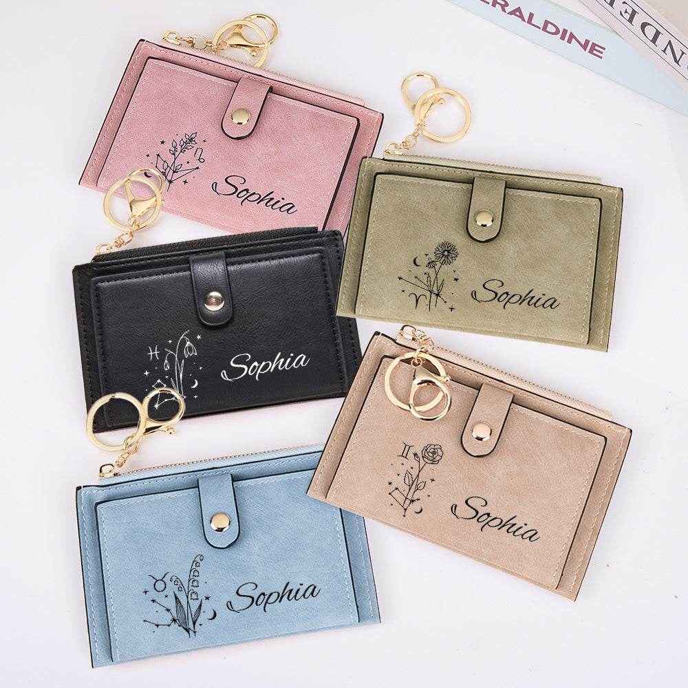 Zodiac Birth Flower Purse – Custom Name Engraved PU Leather Wallet - Customise Now