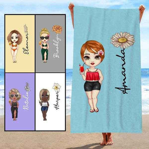 Custom Cartoon Girl Birth Flower Beach Towel – Personalized Multicolor Name Towel for Women & Girls - Customise Now