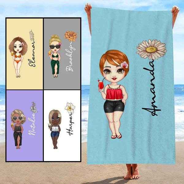 Custom Cartoon Girl Birth Flower Beach Towel – Personalized Multicolor Name Towel for Women & Girls - Customise Now