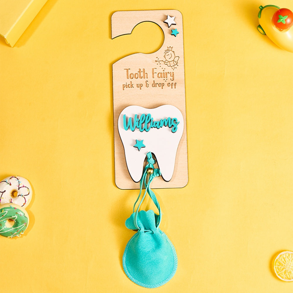 Personalized Tooth Fairy Door Hanger – Custom Wooden Keepsake with Pouch