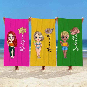 Custom Cartoon Girl Birth Flower Beach Towel – Personalized Multicolor Name Towel for Women & Girls - Customise Now