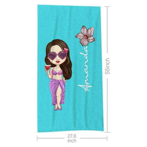 Custom Cartoon Girl Birth Flower Beach Towel – Personalized Multicolor Name Towel for Women & Girls - Customise Now