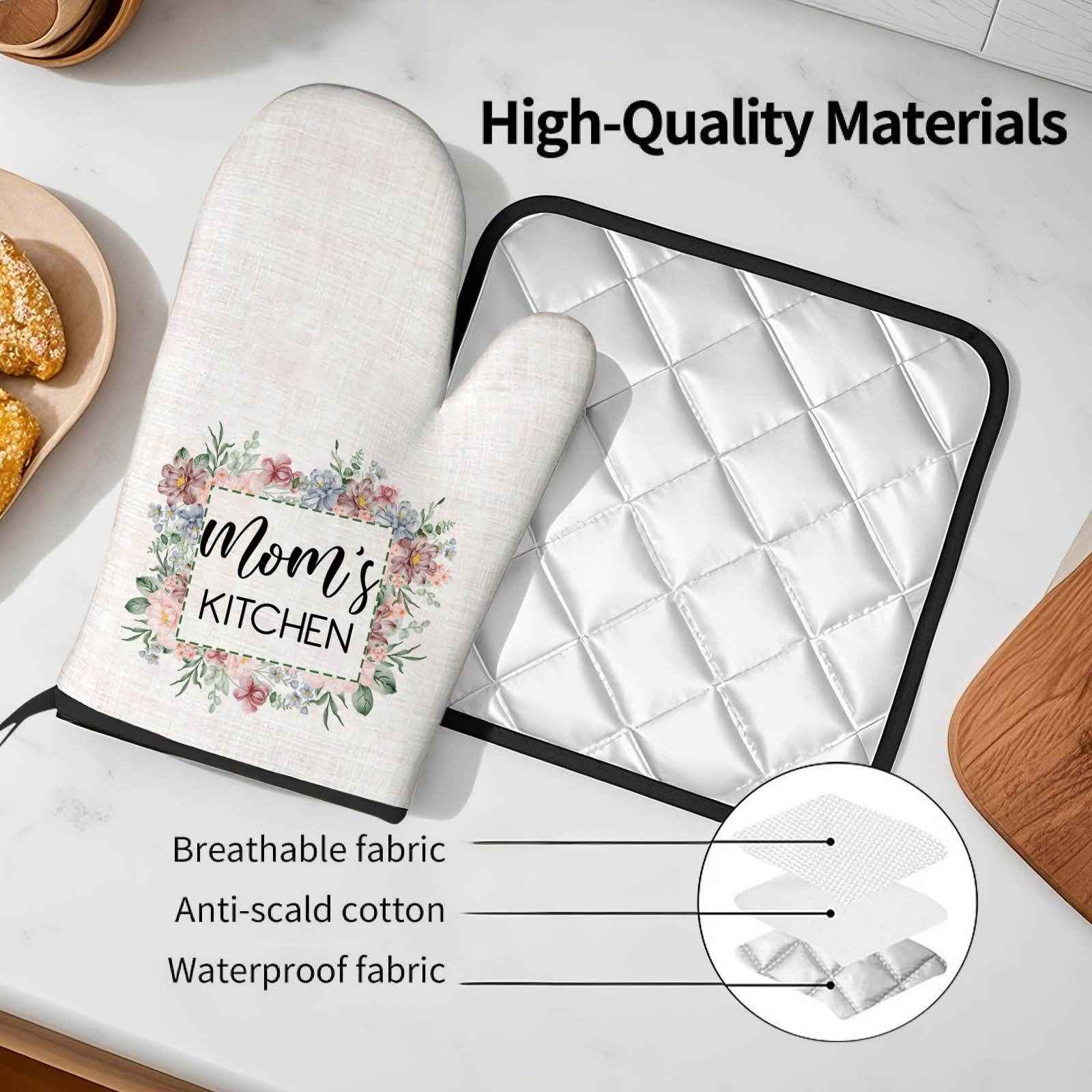 Personalized Floral Oven Mitt & Pot Holder Set – Custom Kitchen Gift with Name or Text - Customise Now