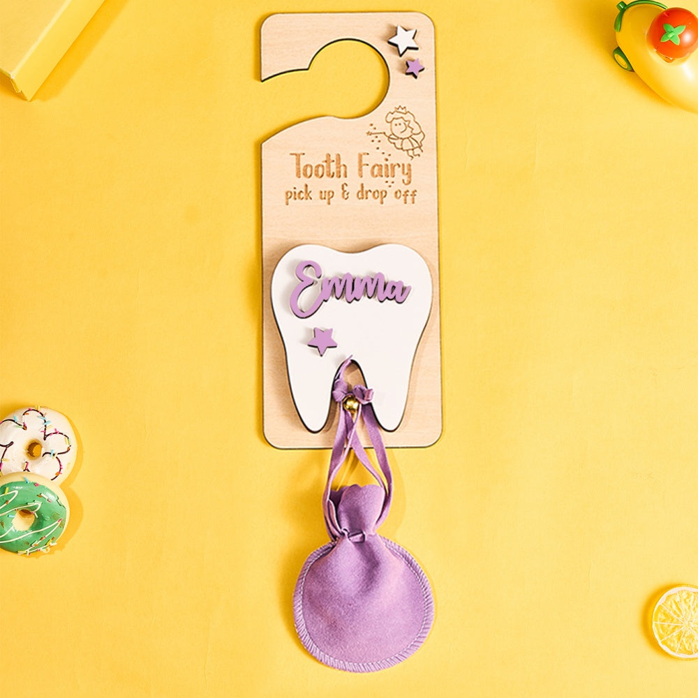 Personalized Tooth Fairy Door Hanger – Custom Wooden Keepsake with Pouch