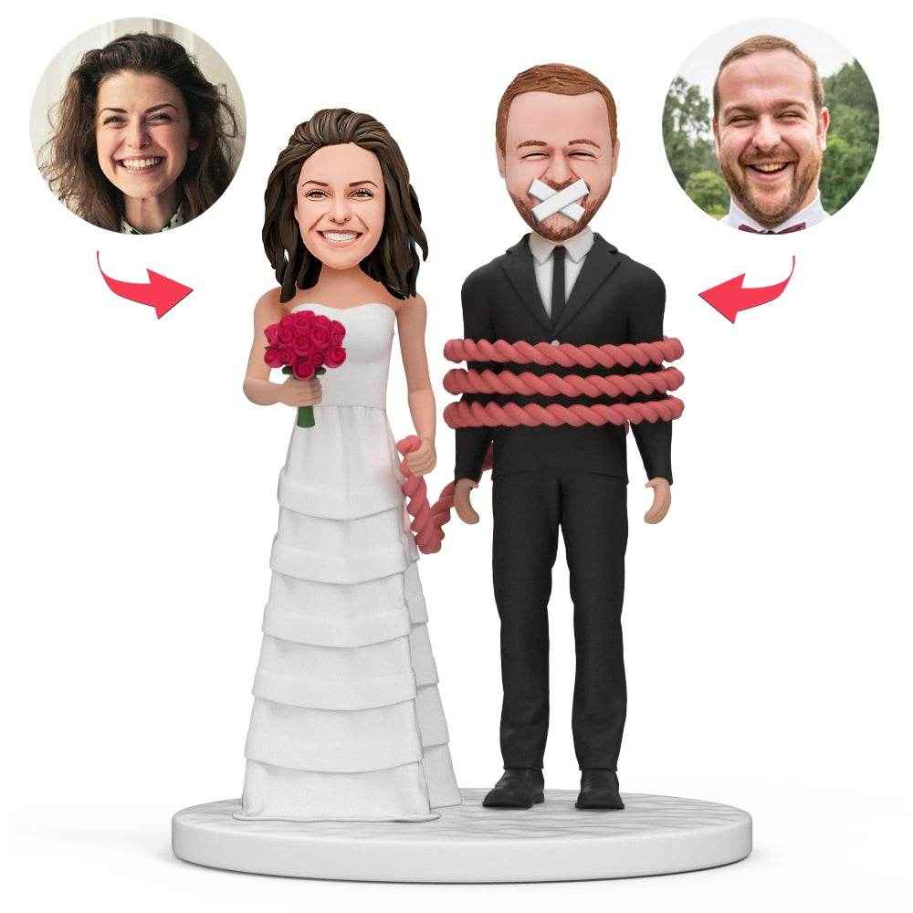 Custom Wedding Bobblehead – Bride Holding Groom Hostage with Tape - Customise Now
